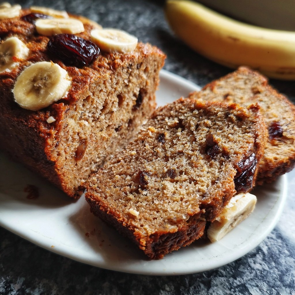 Bananenbrot mit Mandelmus und Datteln