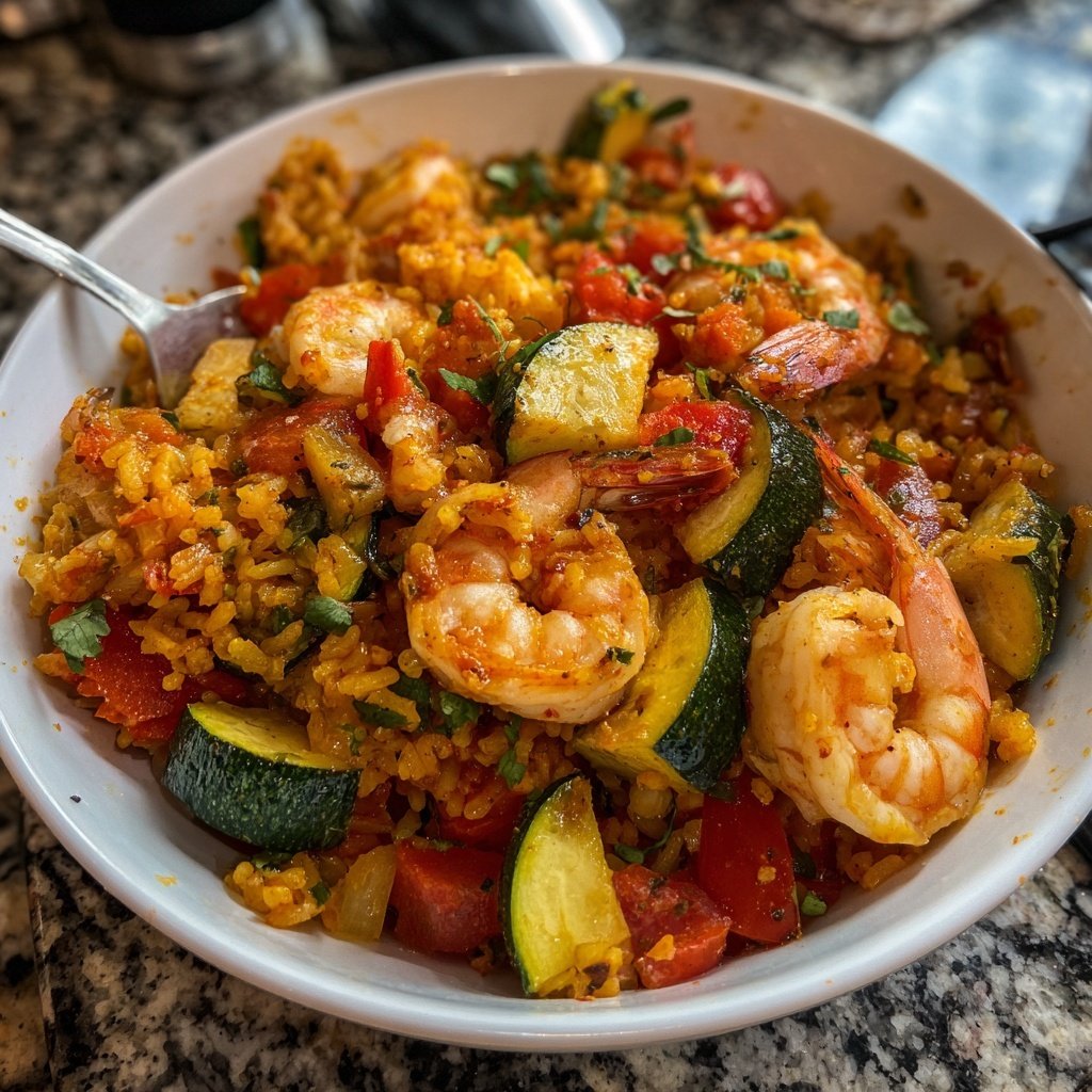 Paella mit Paprika und Zucchini